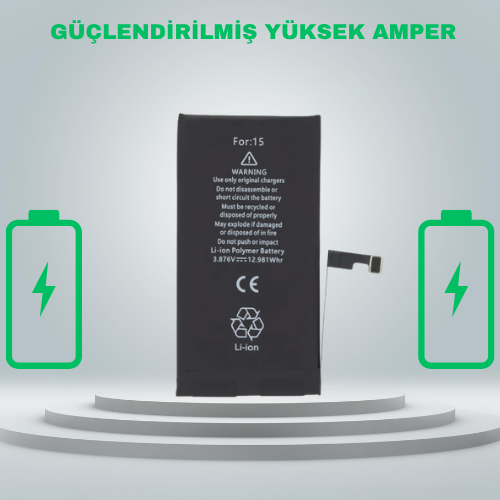 Iphone 15 Güçlendirilmiş Yüksek Amper Batarya Pil